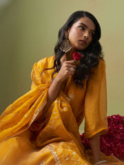 Yellow Pure Shimmer Organza Embroidered Kurta Set with Pant and Dupatta