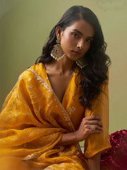 Yellow Pure Shimmer Organza Embroidered Kurta Set with Pant and Dupatta