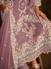 Mauve Embroidered Festive-Wear Straight-Cut-Suit