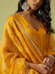 Yellow Pure Shimmer Organza Embroidered Kurta Set with Pant and Dupatta