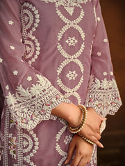 Mauve Embroidered Festive-Wear Straight-Cut-Suit
