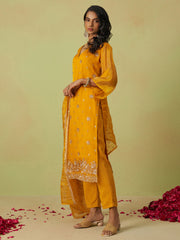 Yellow Pure Shimmer Organza Embroidered Kurta Set with Pant and Dupatta
