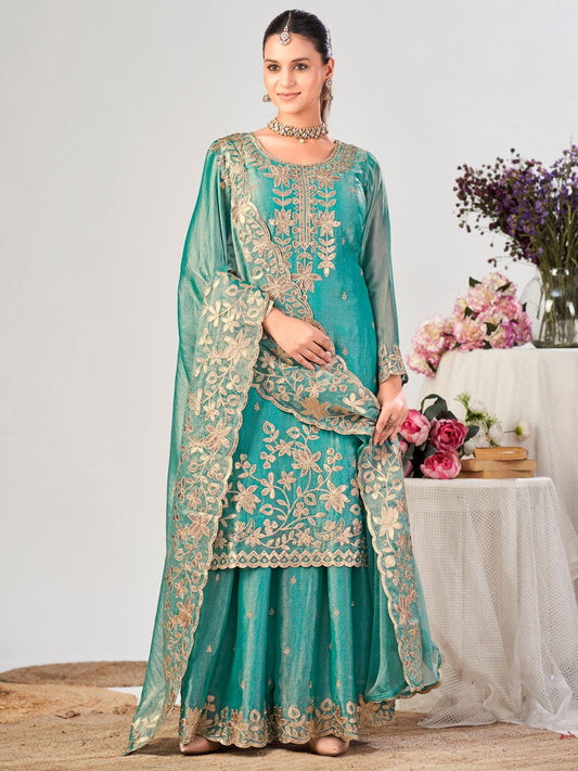 Turquoise Premium Fendy Silk Festive Palazzo Suit