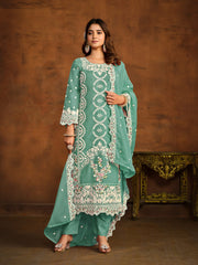 sea Green Embroidered Partywear Straight-Cut-Suit