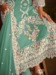 sea Green Embroidered Partywear Straight-Cut-Suit