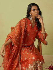Rust Pure Shimmer Organza Embroidered Kurta Set with Pant and Dupatta
