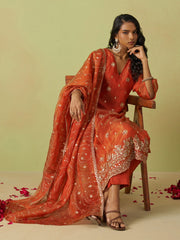 Rust Pure Shimmer Organza Embroidered Kurta Set with Pant and Dupatta