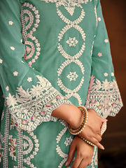 sea Green Embroidered Partywear Straight-Cut-Suit