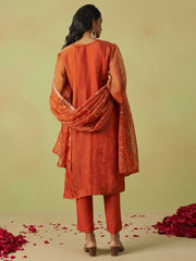Rust Pure Shimmer Organza Embroidered Kurta Set with Pant and Dupatta