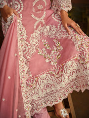 Pink Embroidered Festive-Wear Straight-Cut-Suit