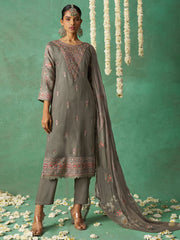 Grey Organza Embroidered Kurta Set