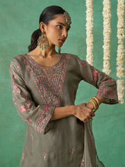 Grey Organza Embroidered Kurta Set