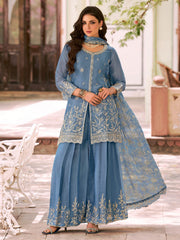 Blue Moss Silk Embroidered Festive Palazzo Style Set