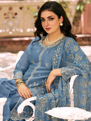 Blue Moss Silk Embroidered Festive Palazzo Style Set