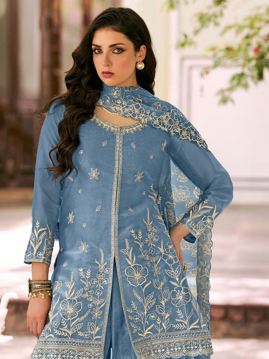 Blue Moss Silk Embroidered Festive Palazzo Style Set