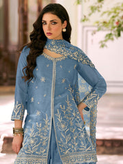 Blue Moss Silk Embroidered Festive Palazzo Style Set