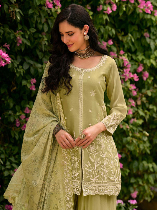 Green Moss Silk Embroidered Festive Palazzo Style Set