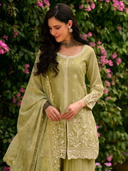 Green Moss Silk Embroidered Festive Palazzo Style Set