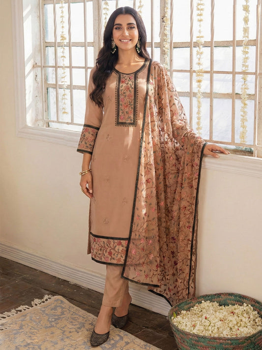 Brown Embroidered Casual & Festive Pant Style Suit