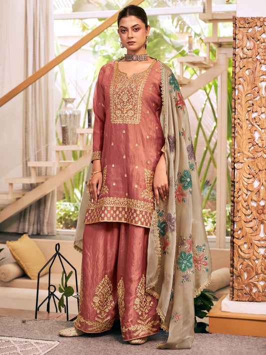 Pink Fendy Silk Embroidered Festive Palazzo Style Set