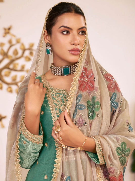 Green Fendy Silk Embroidered Festive Palazzo Style Set