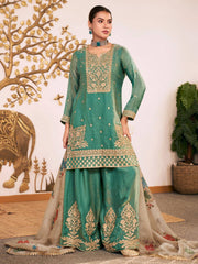 Green Fendy Silk Embroidered Festive Palazzo Style Set