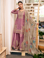Lilac Fendy Silk Embroidered Festive Palazzo Style Set