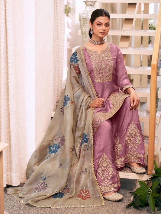 Lilac Fendy Silk Embroidered Festive Palazzo Style Set