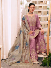 Lilac Fendy Silk Embroidered Festive Palazzo Style Set