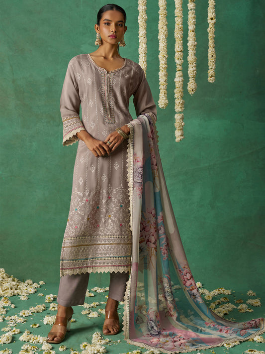 Light Brown Organza Hand Embroidered Sequins Pakistani Straight Pant Suit