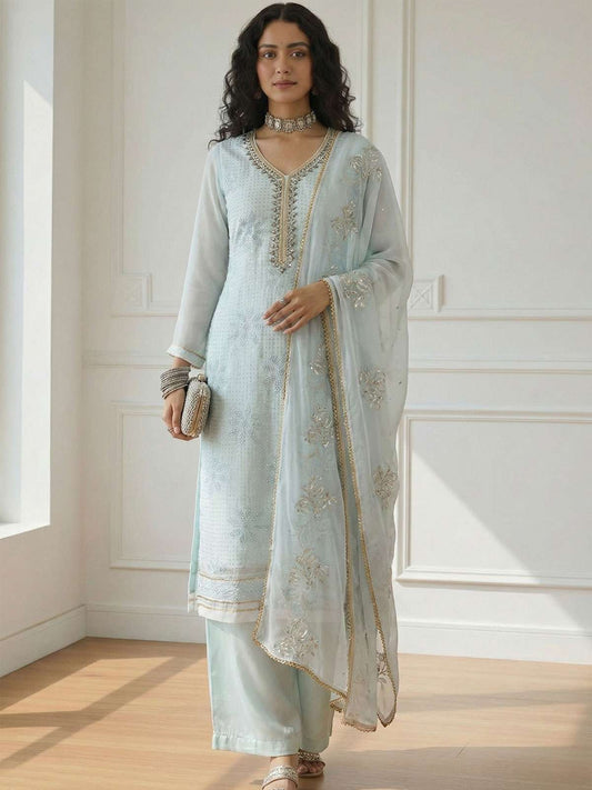 Sky Blue Sequins Embroidery Palazzo Style Suit