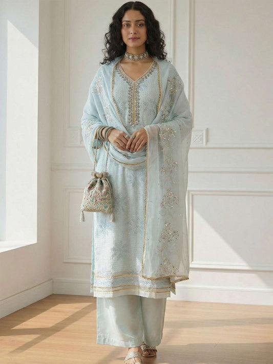 Sky Blue Sequins Embroidery Palazzo Style Suit