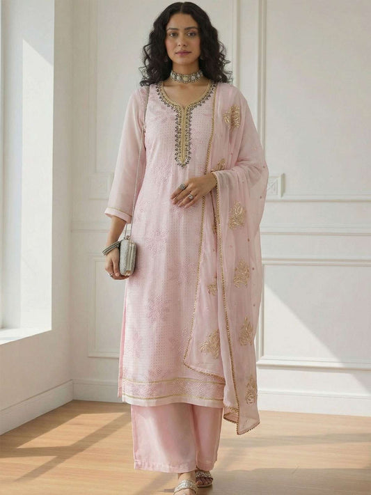 Pink Sequins Embroidery Palazzo Style Suit