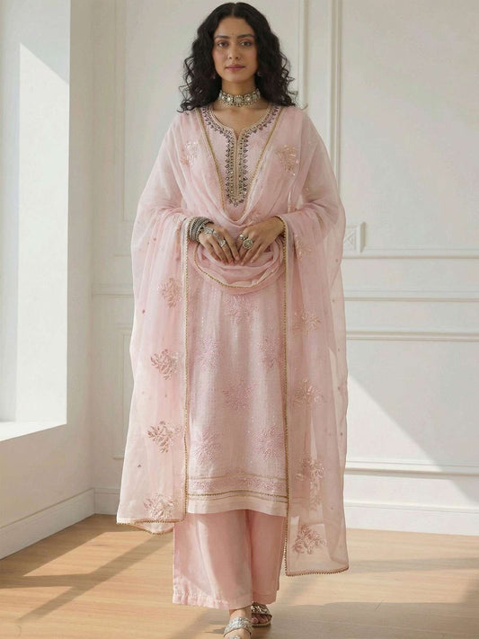 Pink Sequins Embroidery Palazzo Style Suit