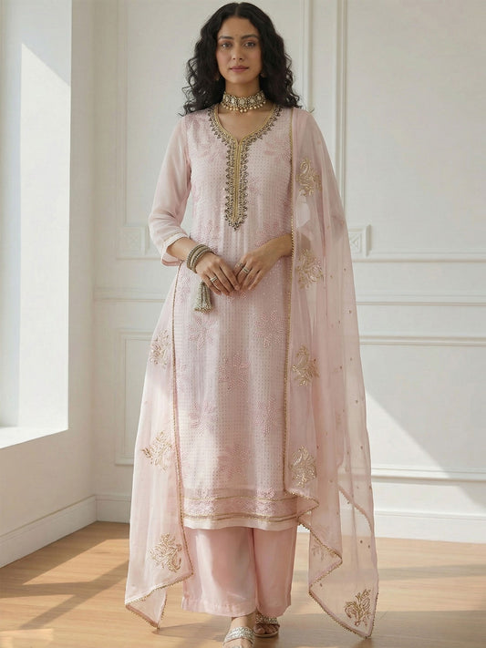 Peach Sequins Embroidery Palazzo Style Suit