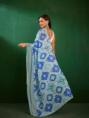 Blue Ikat Printed Saree With Embellished Belt