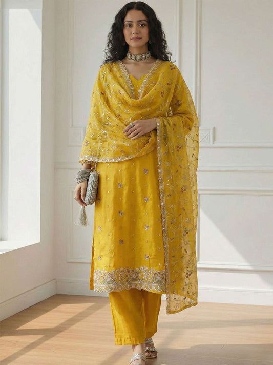 Yellow Pakistani Style Organza Festive Salwar Suit