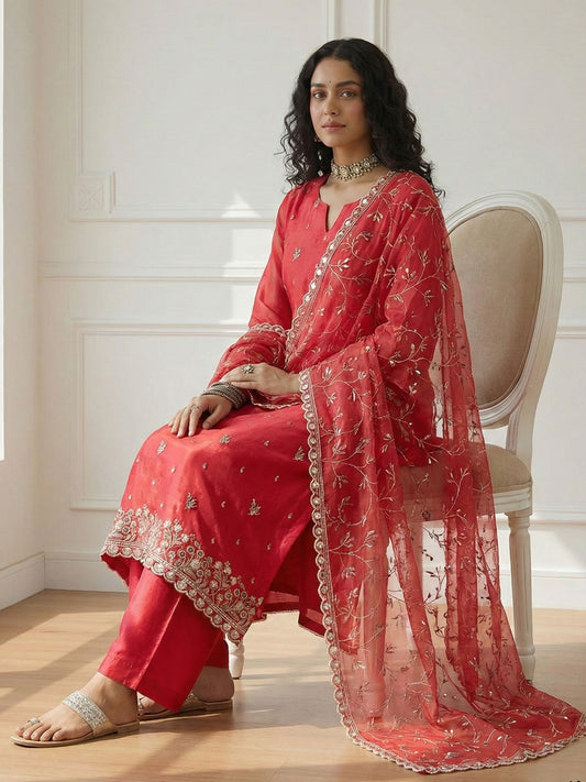 Red Pakistani Style Organza Festive Salwar Suit