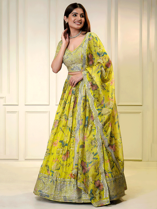 Yellow Digital Floral Printed Organza Lehenga Choli