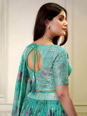 Blue Organza Floral Digital Print Zari Embroidered Sequins Lehenga