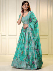 Blue Organza Floral Digital Print Zari Embroidered Sequins Lehenga