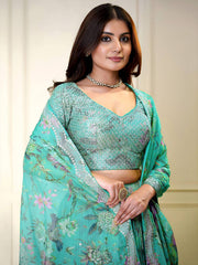 Blue Organza Floral Digital Print Zari Embroidered Sequins Lehenga
