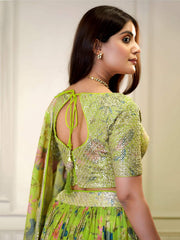 Neon Green Organza Floral Digital Print Zari Embroidered Sequins Lehenga