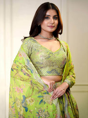 Neon Green Organza Floral Digital Print Zari Embroidered Sequins Lehenga