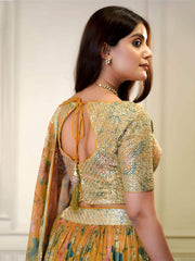 Orange Organza Floral Digital Print Zari Embroidered Sequins Lehenga