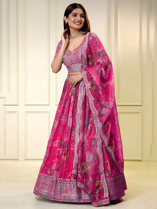 Pink Organza Floral Digital Print Zari Embroidered Sequins Lehenga