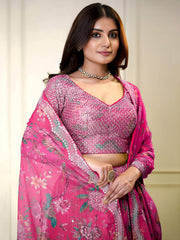 Pink Organza Floral Digital Print Zari Embroidered Sequins Lehenga