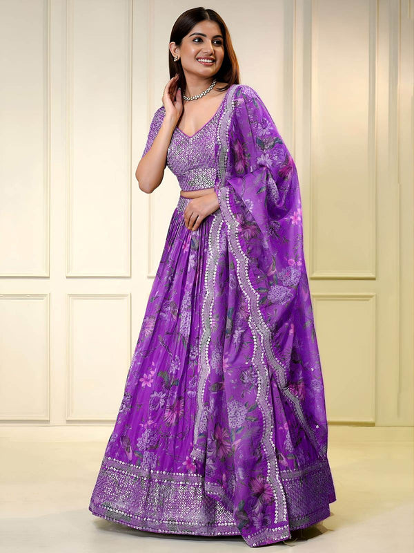 Purple Organza Floral Digital Print Zari Embroidered Sequins Lehenga