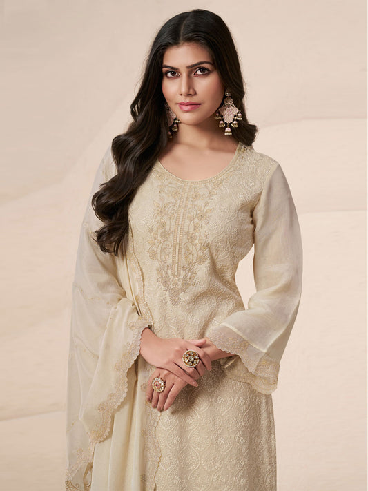 Off White Schiffli Embroidered Pakistani Palazzo Suit