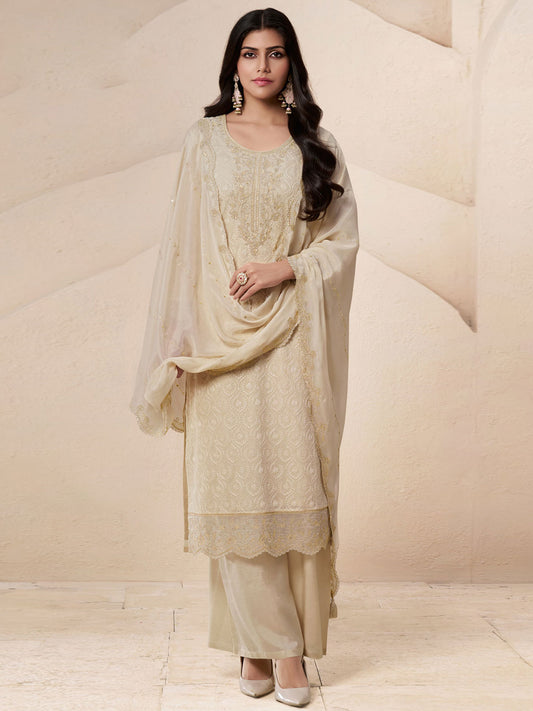 Off White Schiffli Embroidered Pakistani Palazzo Suit